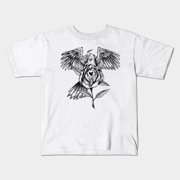 Eagle & Rose Blackwork Kids T-Shirt by Scottconnick